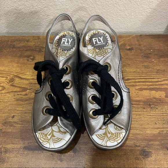 Fly London Ylva Wedge Lace-Up Mettalic Leather Sandal Shoe 38 7-7.5 Boho Grunge - Picture 2 of 11